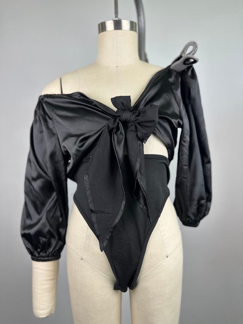 Shein Black Satin Off Shoulder Bodysuit Long Sleeve Y2K Size S